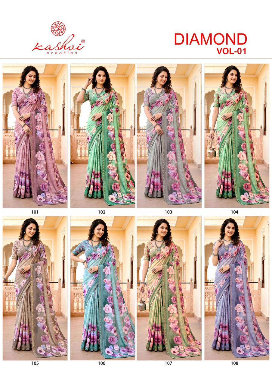DIAMOND VOL 01 By KASHVI CREATION 101 To 108 Series Indian Traditional Wear DULL MOSS VISCOSE sarees At Wholesale Price